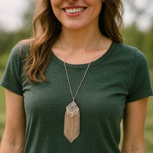 Gold Tone Stone Tassel Necklace Long Shiny Crystal Adjustable pendant